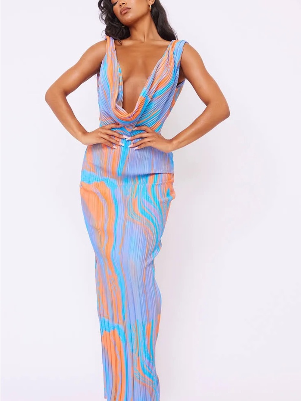 Blue & Orange plunge plisse Maxi Dress